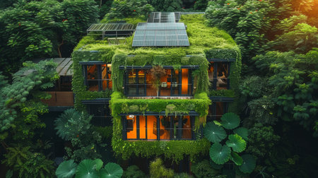 Top view of the modern house in the garden with green plants.の素材