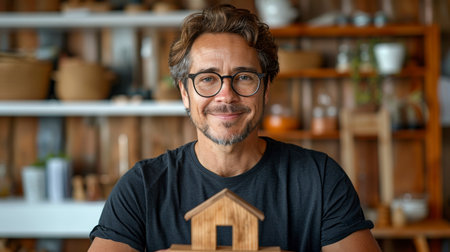 man holding a wooden houseの素材