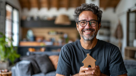 men hold house model in room blurred backgroundの素材