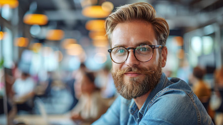 handsome bearded man with eyeglasses sitting in cafeの素材
