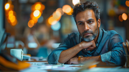 thoughtful businessman sitting at table in officeの素材