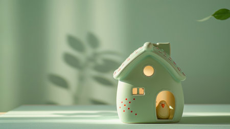 Cute toy house with green leaves on white table and light backgroundの素材