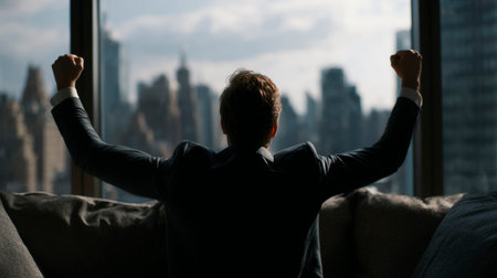 Businessman Raising Arms in Victory Over City Skylineの素材