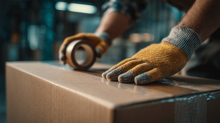Worker sealing cardboard box with packing tapeの素材