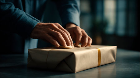 Man securing cardboard package with wrapping stringの素材