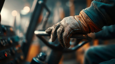 Worker using industrial power tool on red machineの素材
