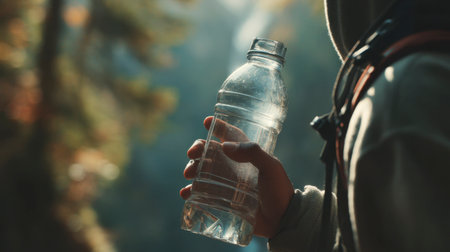 Traveler holding plastic water bottle in sunlight during mountain hikeの素材