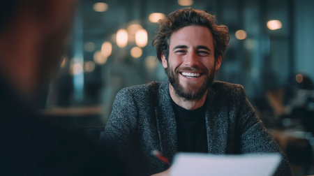 Smiling Man in Business Meeting, Positive Professional Conversation and Workplace Communication Conceptの素材