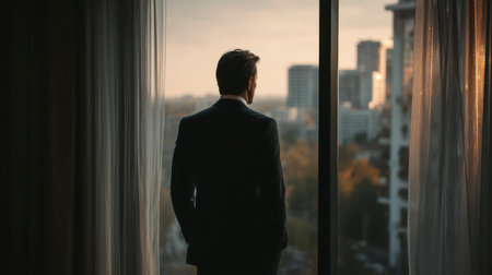 Businessman Standing by Window Overlooking City Skyline, Professional Reflection and Urban Success Conceptの素材