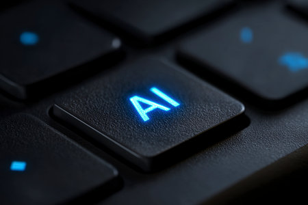 Keyboard Key with AI Icon Illuminated in Blueの素材