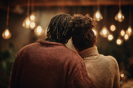 Romantic Couple Leaning Together Under Warm Hanging Lights in Cozy Indoor Settingの素材