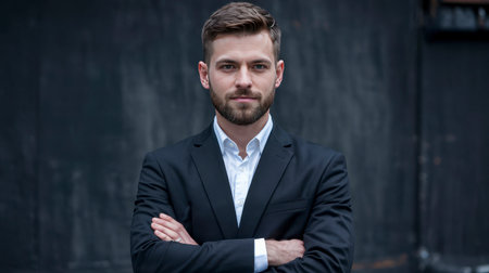 A man in a suit and tie is standing in front of a wall. He is wearing a white shirt and has his arms crossedの素材