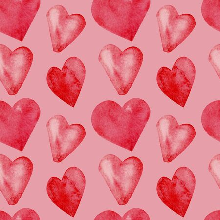 Seamless pattern with hand painted watercolor red hearts on pink background. Perfect for Valentinesの写真素材