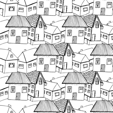 Pattern hand draw houses white black colorのイラスト素材