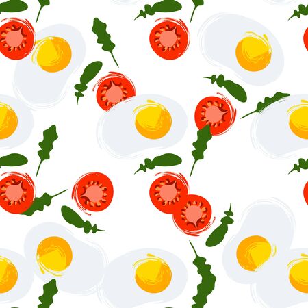 Seamless pattern with slices of tomato eggs and arugula on a white backgroundのイラスト素材