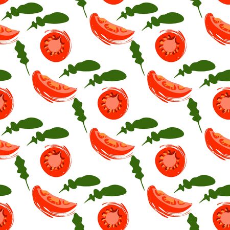Seamless pattern with slices of tomato and arugula on a white backgroundのイラスト素材