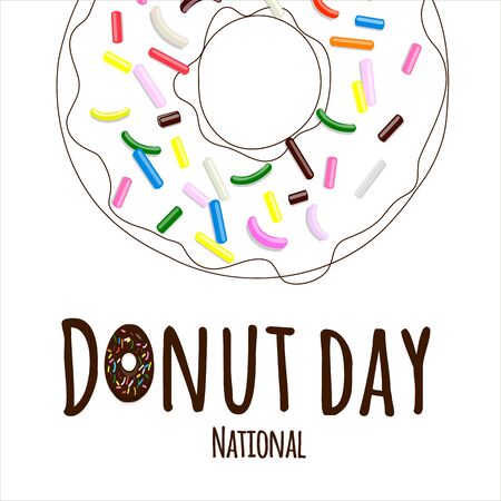National Donut day text in cartoon style with multi-colored pastry topping on donut in line art isolated on whiteのイラスト素材