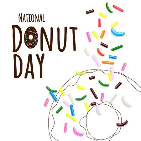 National Donut day text in cartoon style with multi-colored pastry topping on donut in line art isolated on whiteのイラスト素材