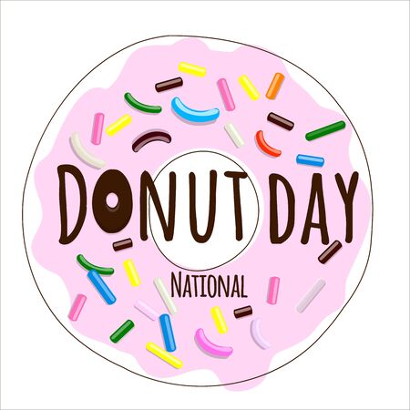 National Donut day text with donuts in pink glaze whith multi-colored pastry isolated on whiteのイラスト素材