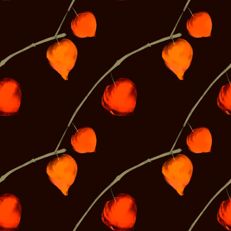Seamless pattern watercolor illustration of physalis flowers on black