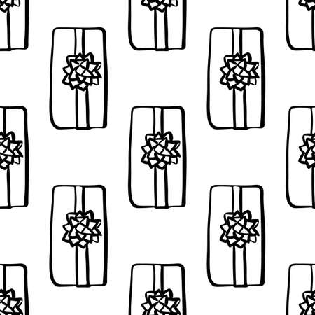 Seamless pattern with illustration of gift boxes in doodling style on whiteのイラスト素材