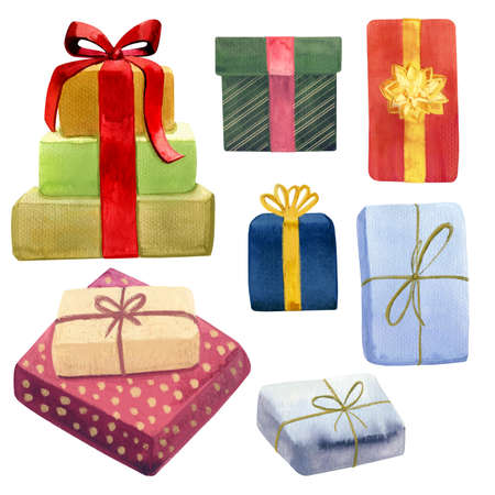 Watercolor illustration of gift boxes isolated on whiteの写真素材