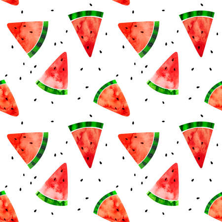 Seamless pattern with watercolor illustration watermelon slices isolated on whiteの写真素材