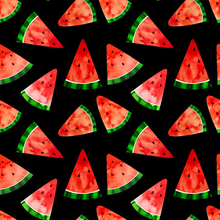 Seamless pattern with watercolor illustration watermelon slices on black