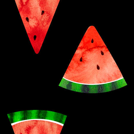 Seamless pattern with watercolor illustration watermelon slices on blackの写真素材