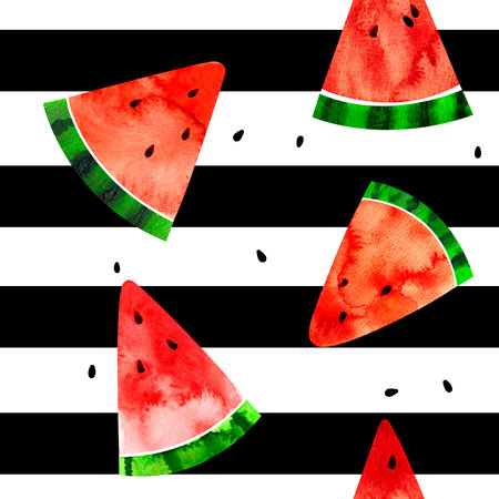 Seamless pattern with watercolor illustration watermelon slices on black stripes