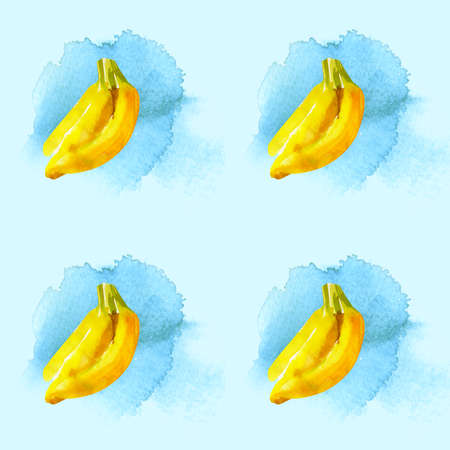 Pattern with watercolor illustration bananas on blue background with blue spotsの写真素材
