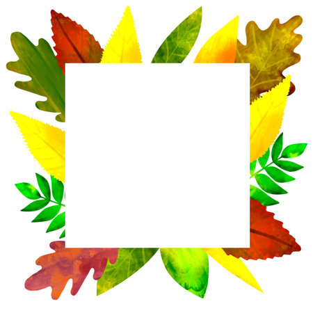 Autumn frame watercolor illustration with multicolored leaves isolated on white