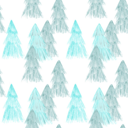 Seamless pattern with blue fir illustration in a watercolor style on white