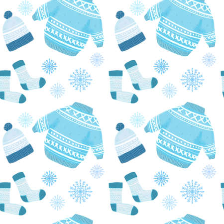 Seamless pattern with illustration of winter clothes. Cute sweater, knitted hat and socks blue color illustration with snowflakesの写真素材