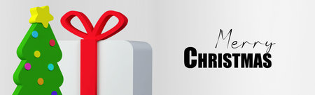 New year and Christmas 3d render banner or greeting card with fir tree and gift box on white...
