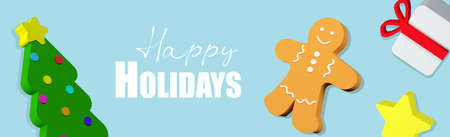 Christmas 3d render banner or greeting card with tree, Gingerbread Man cookies, gift box and star on blue background with text Happy Holidaysの写真素材