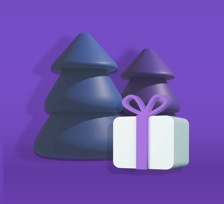 Christmas 3d render illustration with fir tree and gift box on violet background