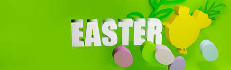 Easter 3d render banner or greeting card. Decoration with eggs and chicken on a light green backgroundの写真素材