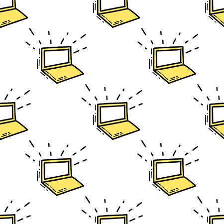 Seamless pattern with Illustration computer in a doodle style yellow colorのイラスト素材