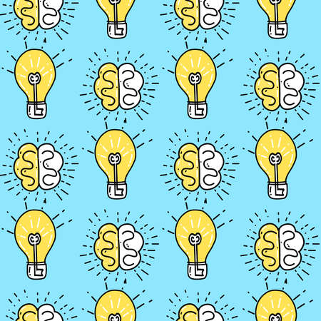 Seamless pattern with an illustration of a lamp and a brain as a symbol of a good idea in a doodle style in blue and yellowのイラスト素材