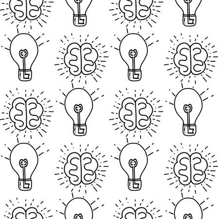 Seamless pattern with an illustration of a lamp and a brain as a symbol of a good idea in a doodle styleのイラスト素材