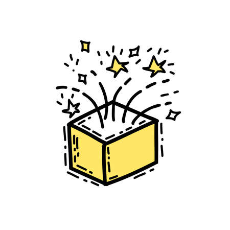 Illustration box with ideas creative symbol yellow color in doodle styleのイラスト素材