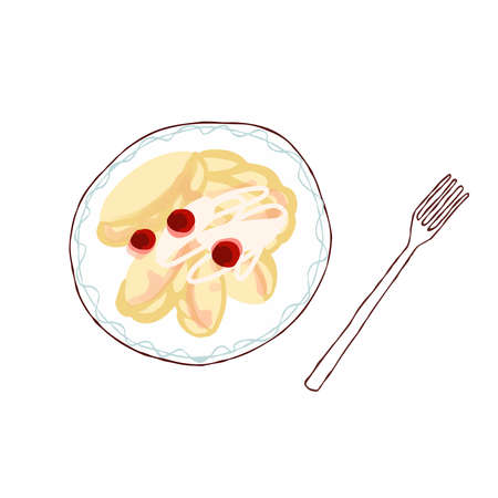 Illustration of Ukrainian dessert vareniki with cherries isolated on a white backgroundのイラスト素材