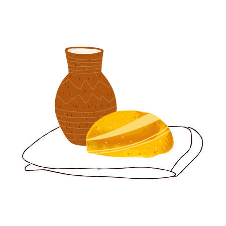 Illustration of ukrainian bread palyanytsya and ukrainian jug clay glechik isolated on white backgroundのイラスト素材