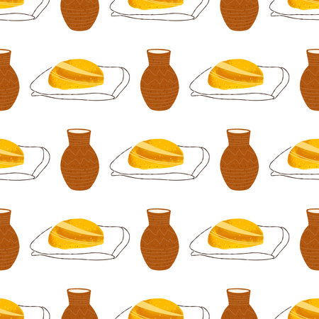Seamless pattern with bread and jug on white backgroundのイラスト素材
