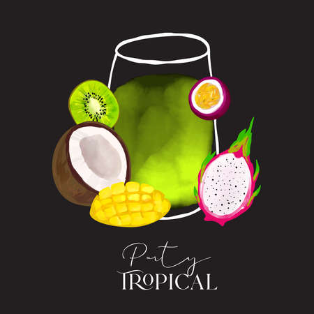 Tropical fruit and cocktail illustration with Tropical party text on blackのイラスト素材