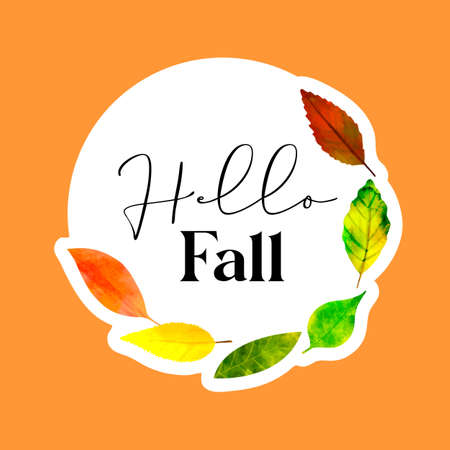 Autumn frame background illustration with leaves and text Hello Fallのイラスト素材