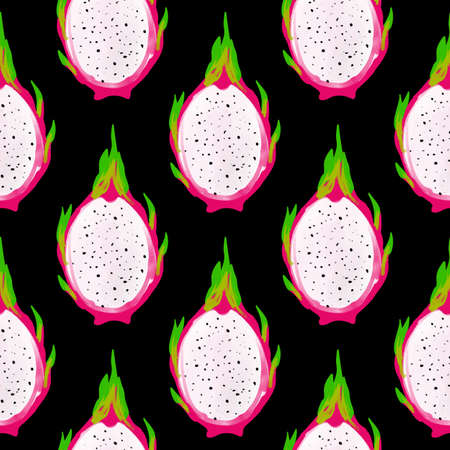 Seamless pattern with iIllustration of a pitahaya on a black backgroundのイラスト素材