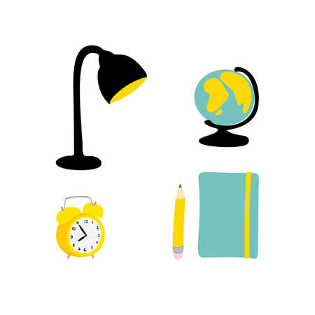Illustration alarm clock, globe, table lamp, notebook and pencil yellow and blue color isolated on white backgroundのイラスト素材