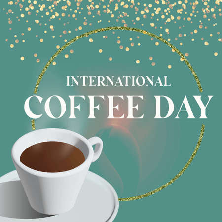 Cup of coffee illustration on blue color with golden texture and text International coffee dayのイラスト素材